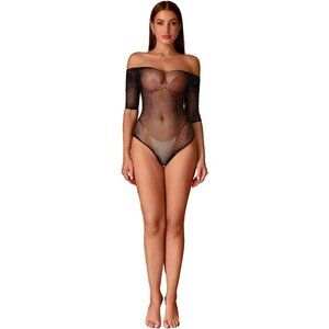 Women's Black Mesh Teddy Lingerie: Sparkle Rhinestone Fishnet Bodysuit